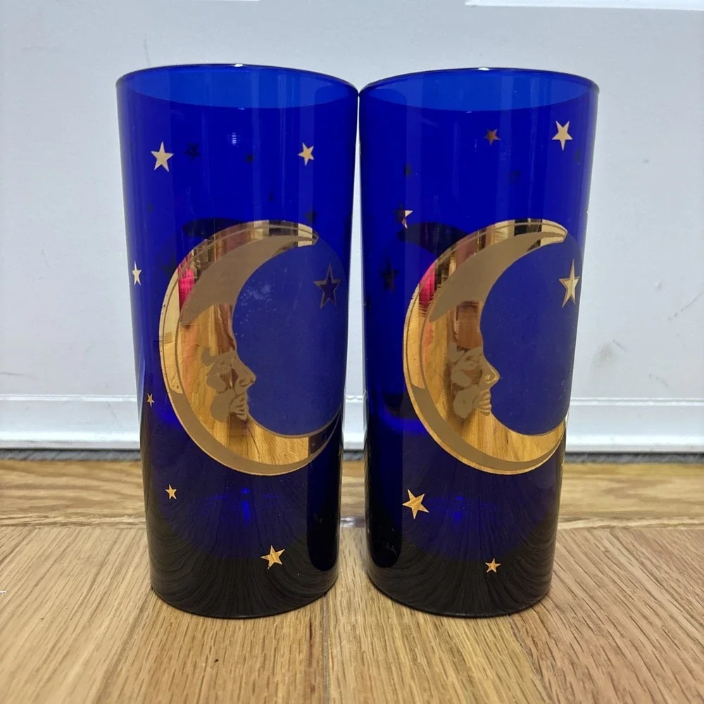 Culver Cobalt Blue Glass Celestial Sun Moon & Stars Glasses 22K Gold - Set Of 2